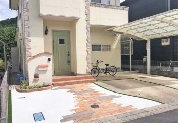 レンガと枕木調コンクリートのアプローチ 施工例 滋賀県 大津市